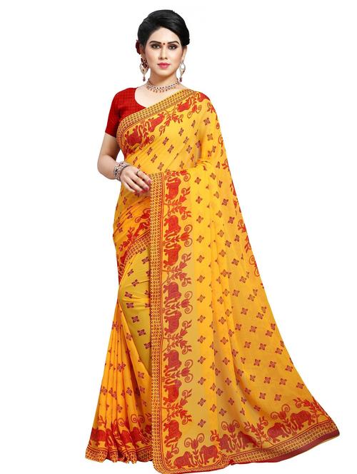 women yellow printed saree with blouse - 21480878 - Very Small Image - 1