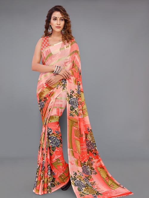 women orange printed saree with blouse - 21480898 - Very Small Image - 1