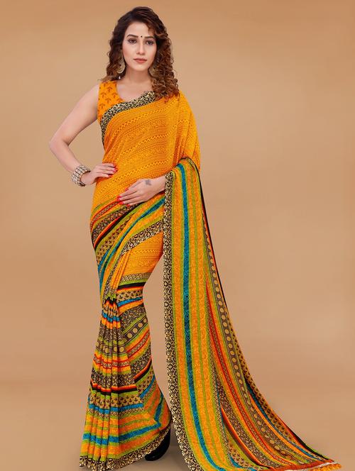 women yellow printed saree with blouse - 21480912 - Very Small Image - 1