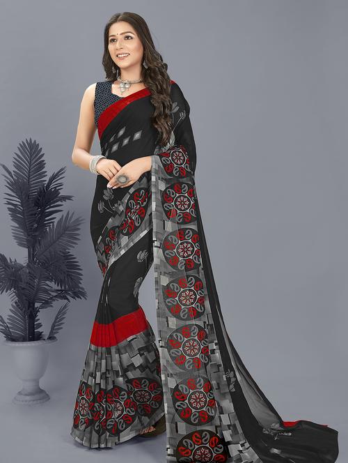 women black printed saree with blouse - 21480947 - Very Small Image - 1