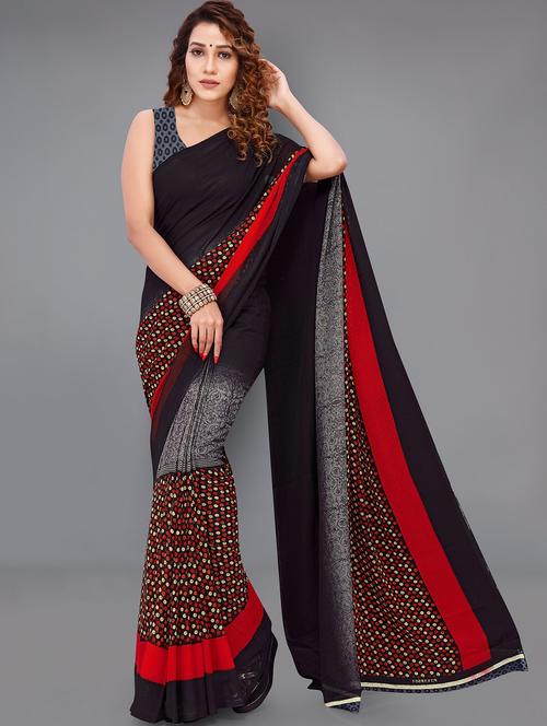 women black printed saree with blouse - 21480970 - Very Small Image - 1