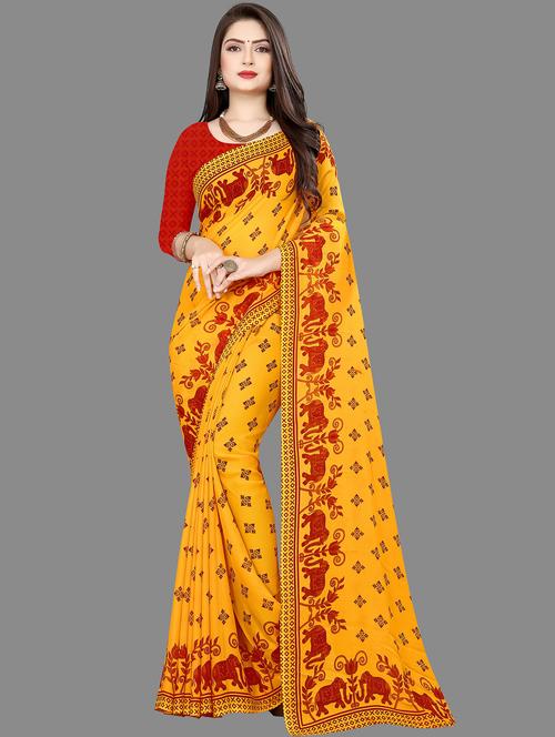 women yellow printed saree with blouse - 21480985 - Very Small Image - 1