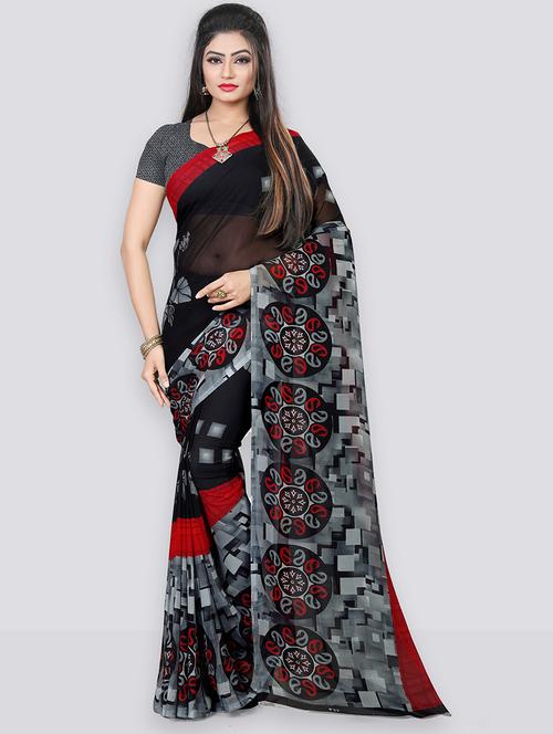 women black printed saree with blouse - 21481022 - Very Small Image - 1