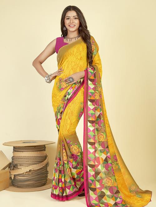 women yellow printed saree with blouse - 21481024 - Very Small Image - 1