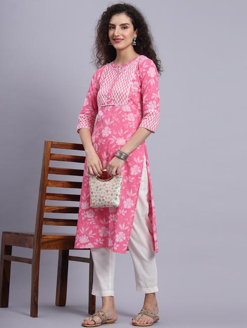 women pink cotton straight kurta - 21481485 - Very Small Image - 1