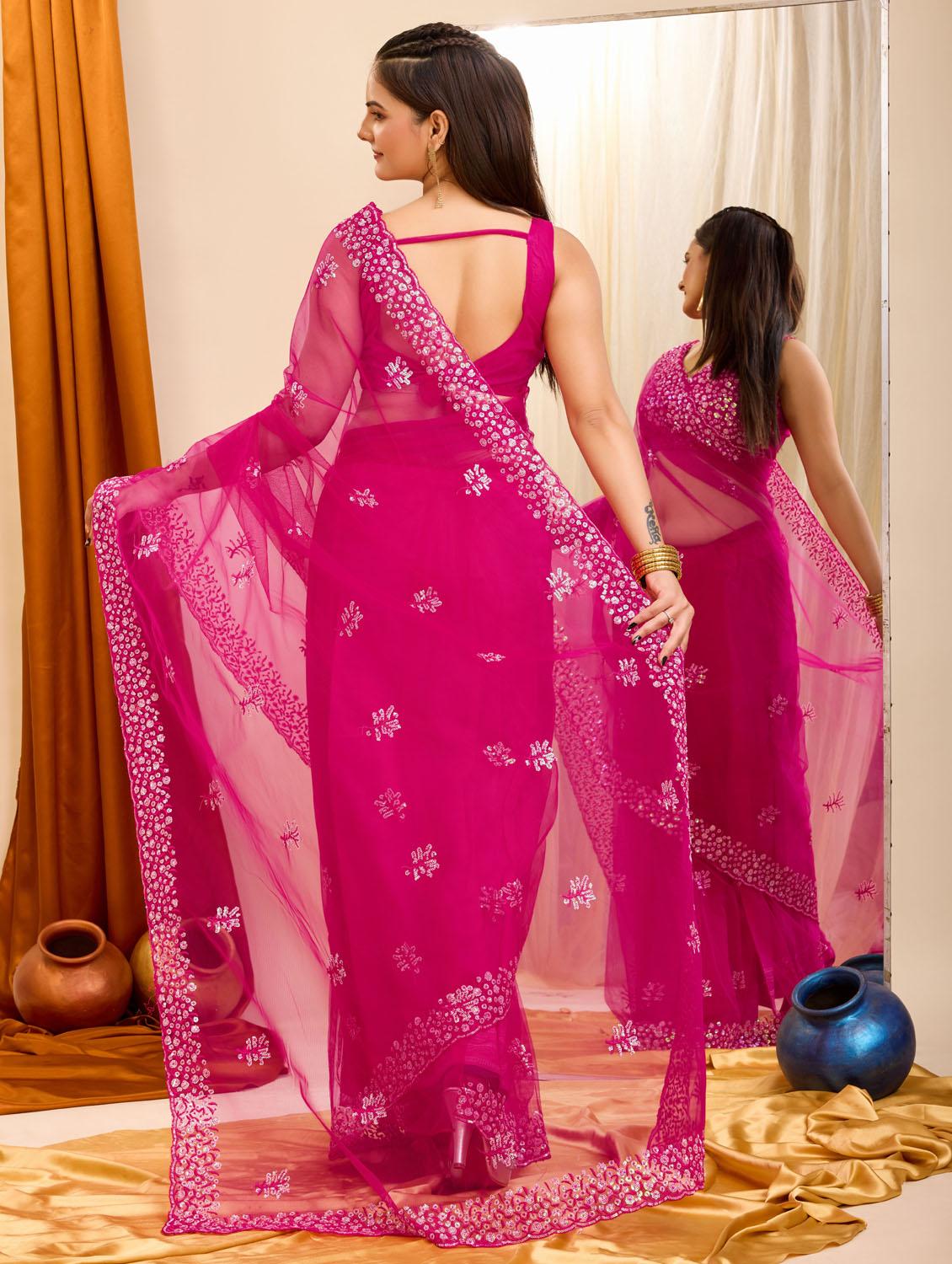 women pink embroidered saree with blouse - 21481544 - Zoom Image - 3