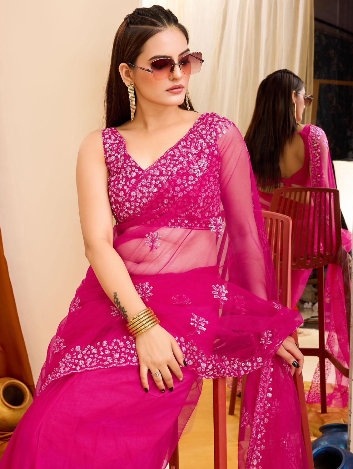 women pink embroidered saree with blouse - 21481544 - Standard Image - 5
