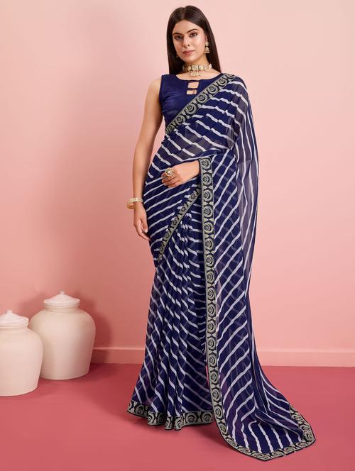 navy blue leheriya printed bordered saree with blouse - 21481594 - Very Small Image - 1