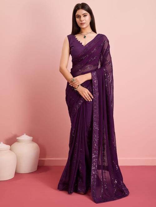 women purple embroidered saree with blouse - 21481615 - Very Small Image - 1