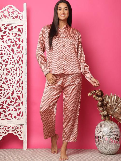 women peach satin printed nightwear set - 21481973 - Very Small Image - 1