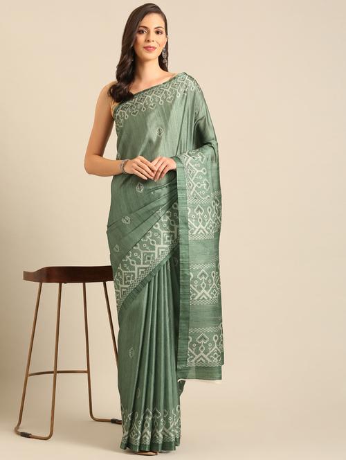 green cotton printed saree with blouse - 21486246 - Very Small Image - 1