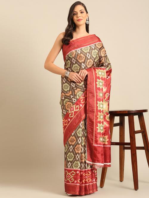 women brown printed saree with blouse - 21486271 - Very Small Image - 1