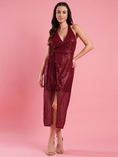 women's maroon halter neck wrap waist tie-up backless sequinned midi party dress - 21486280 - Very Small Image - 1