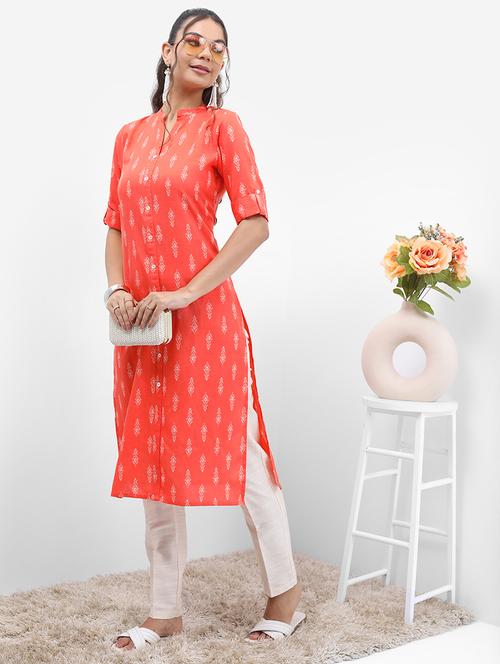 orange printed a-line kurta - 21486627 - Very Small Image - 1