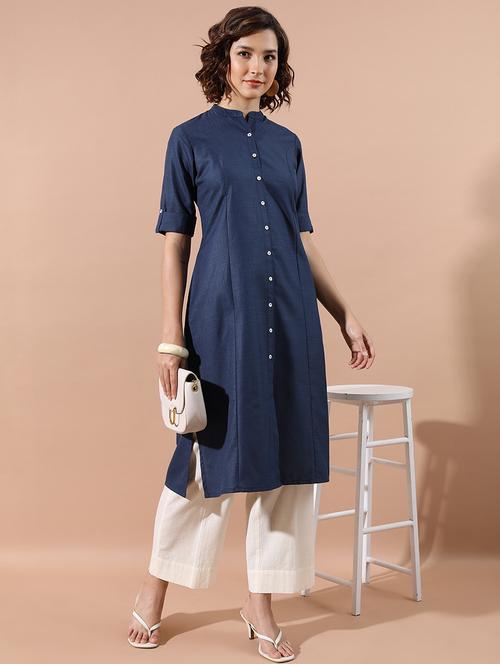 blue solid a-line kurta - 21486633 - Very Small Image - 1