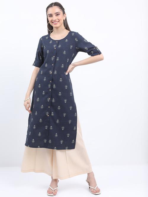 navy blue printed  a-line kurta - 21486645 - Very Small Image - 1