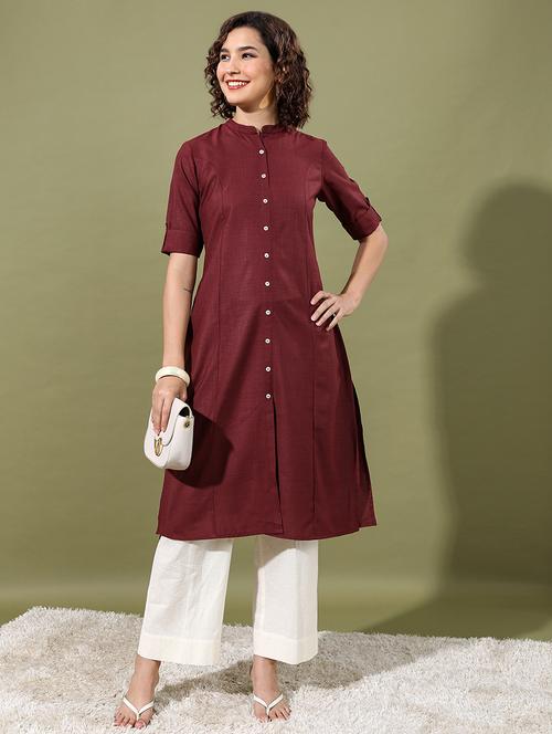 maroon solid a-line kurta - 21486665 - Very Small Image - 1