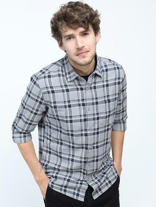men grey slim fit check print casual shirt - 21487396 - Very Small Image - 1