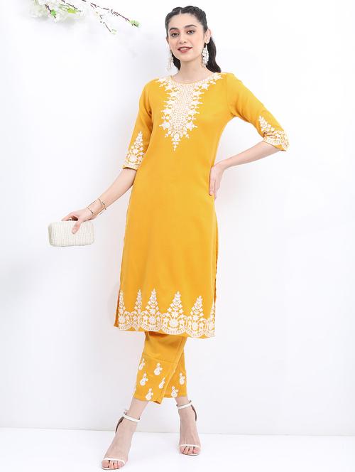 Women Yellow Round Neck Kurta Pant Set - 21488241 - Very Small Image - 1