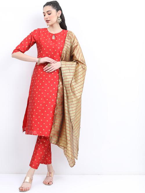 red gold printed kurta pant set - 21488247 - Very Small Image - 1