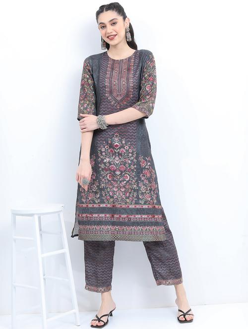 women grey round neck kurta pant set - 21488281 - Very Small Image - 1