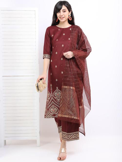 maroon self-designed kurta pant set - 21488330 - Very Small Image - 1
