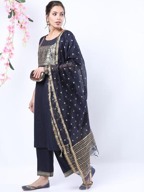 women navy blue kurta pant set with dupatta - 21488354 - Very Small Image - 1