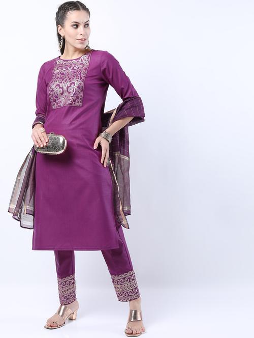 women purple kurta pant set with dupatta - 21488388 - Very Small Image - 1