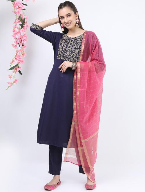 navy blue embroidered kurta pant set - 21488396 - Very Small Image - 1