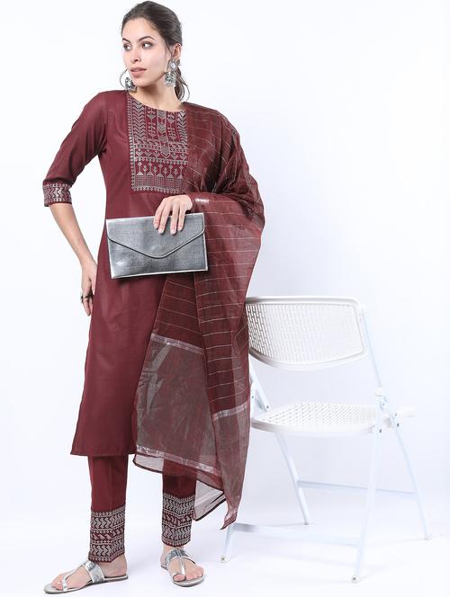 women maroon kurta pant set with dupatta - 21488449 - Very Small Image - 1