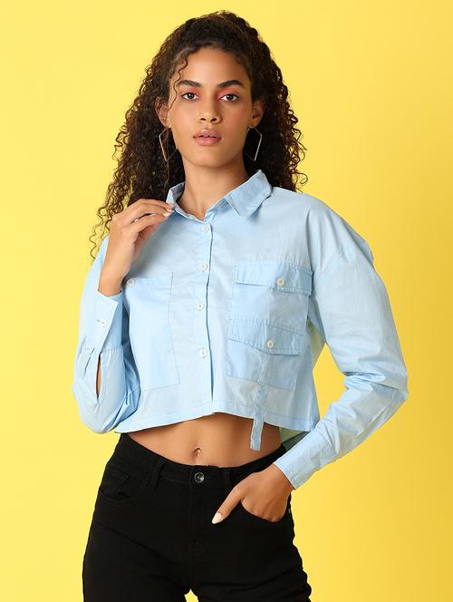 women solid collared long sleeves crop shirt - 21489444 - Very Small Image - 1