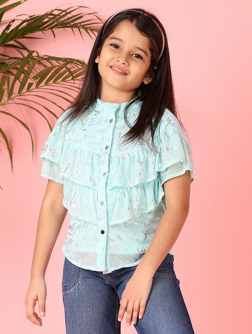 girls light blue foil print round neck top - 21491157 - Very Small Image - 1