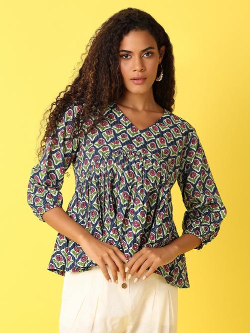 women printed three quarter sleeves peplum top - 21491482 - Very Small Image - 1