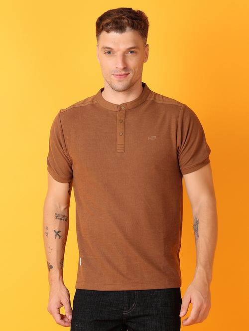 men brown slim fit plain mandarin neck t-shirt - 21491583 - Very Small Image - 1