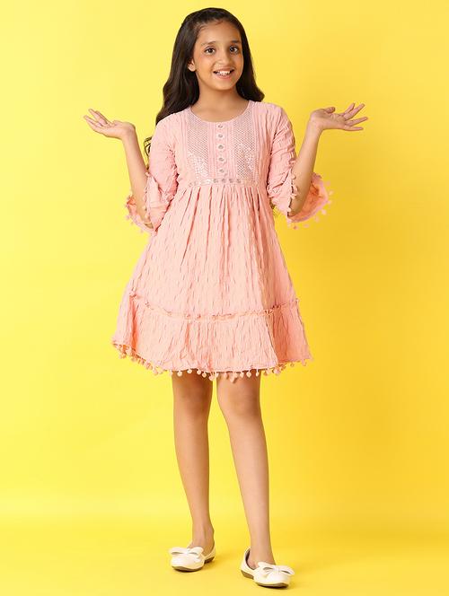 girls self design round neck fit & flare dress - 21492524 - Very Small Image - 1