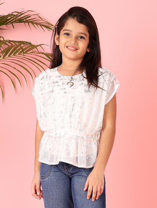 girls white foil print round neck top - 21492695 - Very Small Image - 1