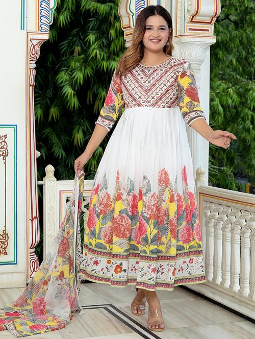 women white cotton blend flared gown with dupatta - 21495180 - Very Small Image - 1