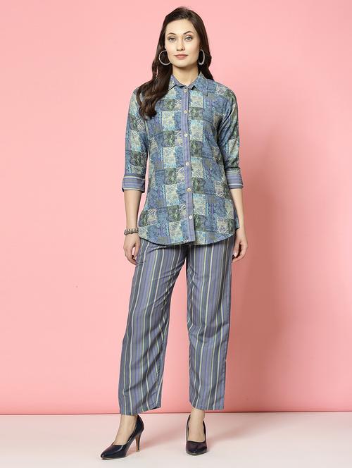 women blue rayon shirt and trouser co-ord set - 21496593 - Very Small Image - 1