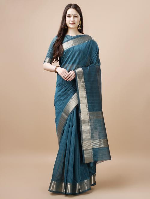women teal solid zari bordered saree - 21499833 - Very Small Image - 1
