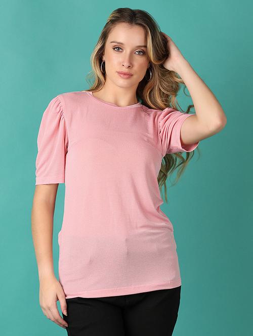 women pink solid round neck regular top - 21501819 - Very Small Image - 1