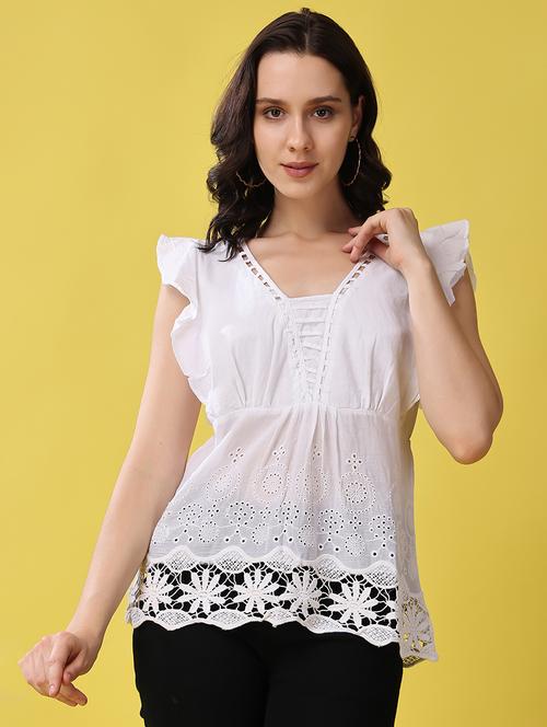 women white square neck schiffli detailed top - 21503120 - Very Small Image - 1