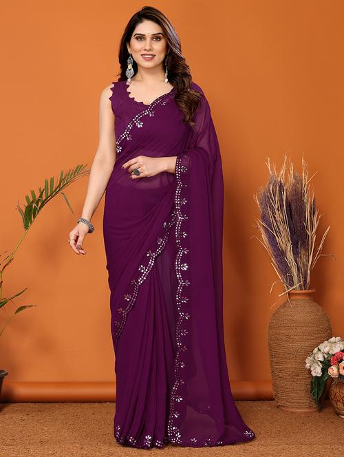 purple mirror work saree - 21504928 - Very Small Image - 1