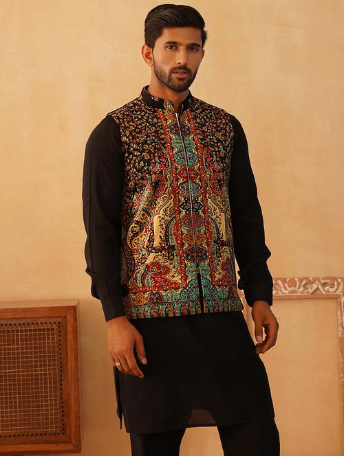 men printed kurta pant with jacket ethnic wear set - 21505302 - Very Small Image - 1
