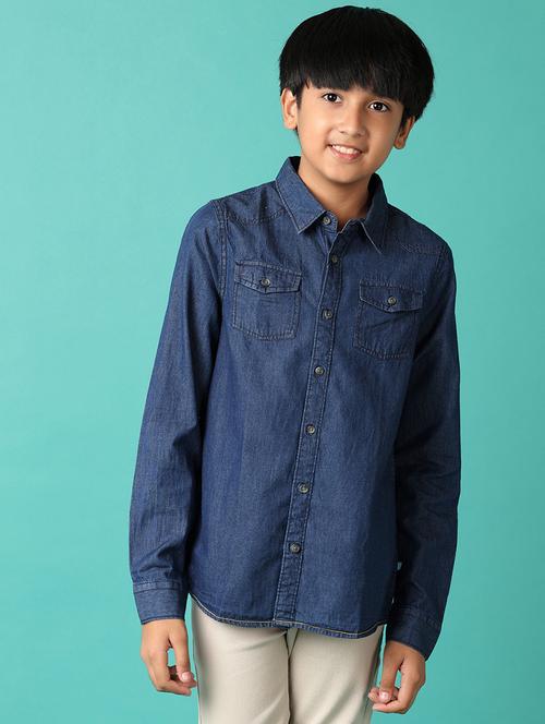 Boys Blue Solid Long Sleeve Denim Shirt - 21508442 - Very Small Image - 1