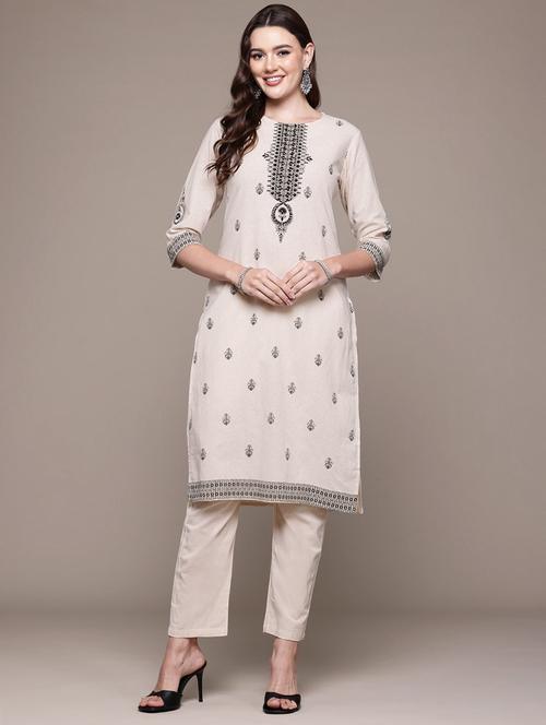 women off white embroidered kurta pant set - 21510403 - Very Small Image - 1