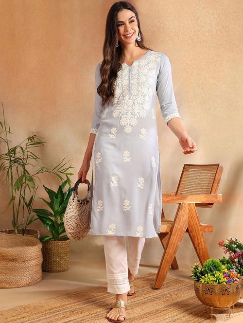 women blue chikankari straight kurta - 21510457 - Very Small Image - 1