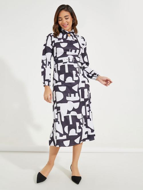 women printed puff sleeve belted dress - 21510657 - Very Small Image - 1