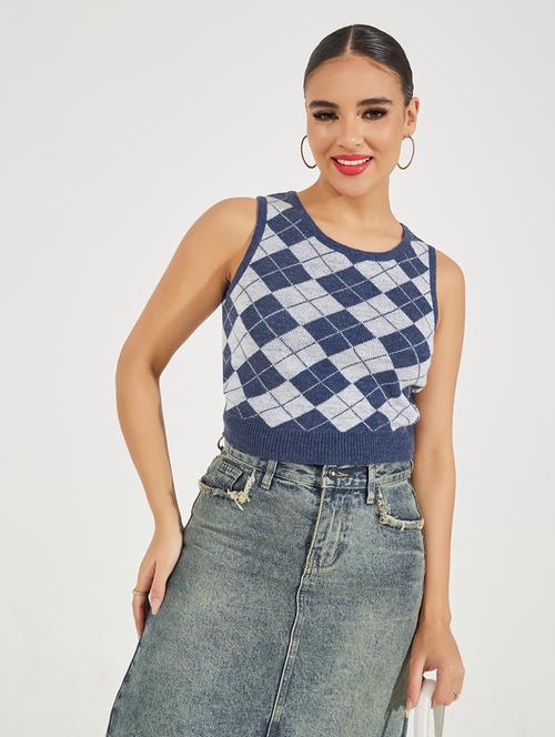 women blue checkered sleeveless pullover - 21510708 - Very Small Image - 1