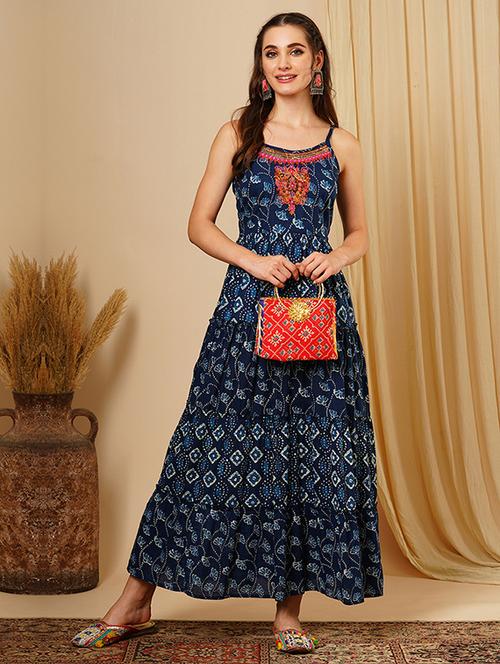 women's blue embroidered yoke adjustable strappy sleeves ethnic motifs a-line maxi fusion wear - 21511030 - Very Small Image - 1