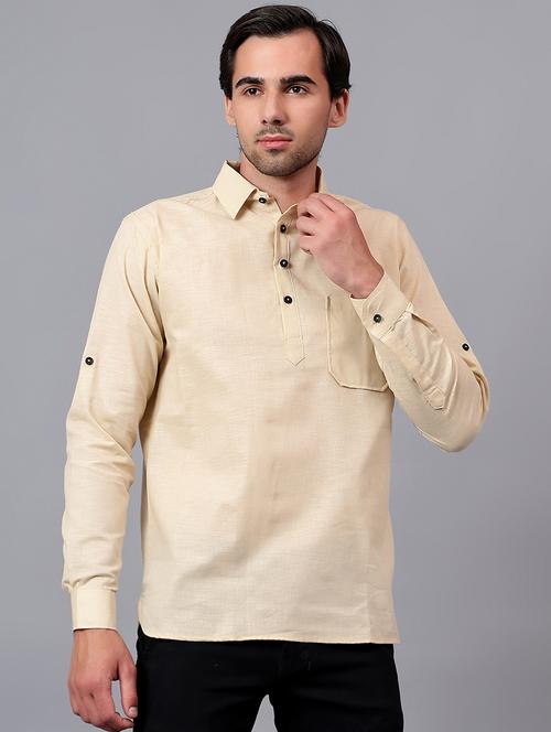 men beige cotton blend short kurta - 21511175 - Very Small Image - 1